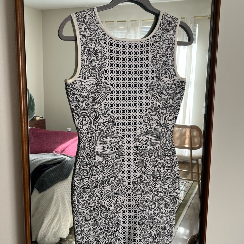 BCBGMaxAzria Black and White Ornate Midi Dress
